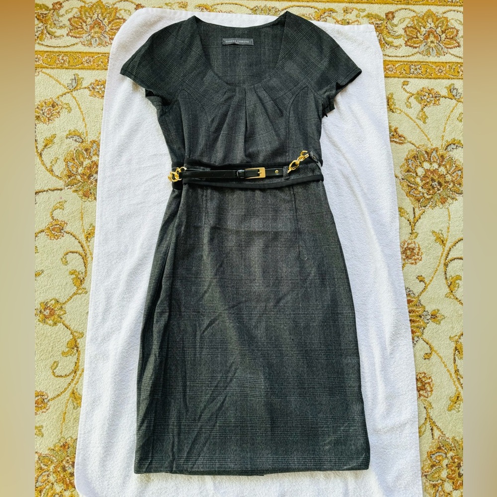 Sandro Ferrone Gray Tartan Short Sleeved Belted Dress